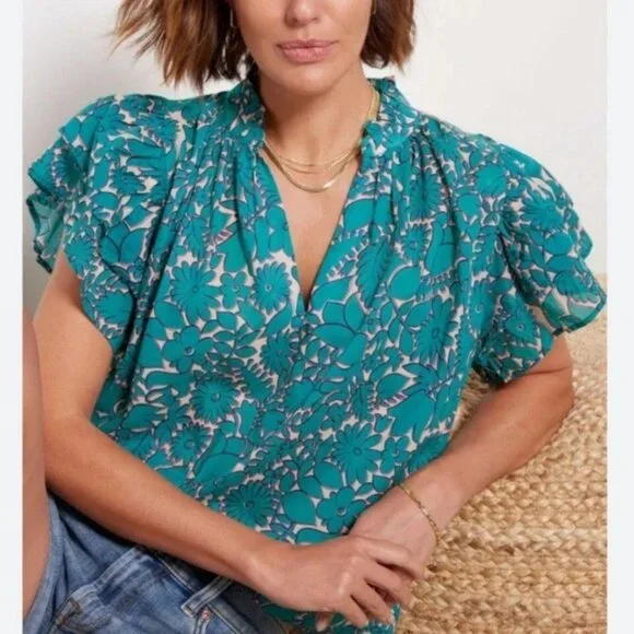 Birds of Paradis by Trovata Clover Top Thicket Blue Teal Cotton Womens Size M - Picture 3 of 9